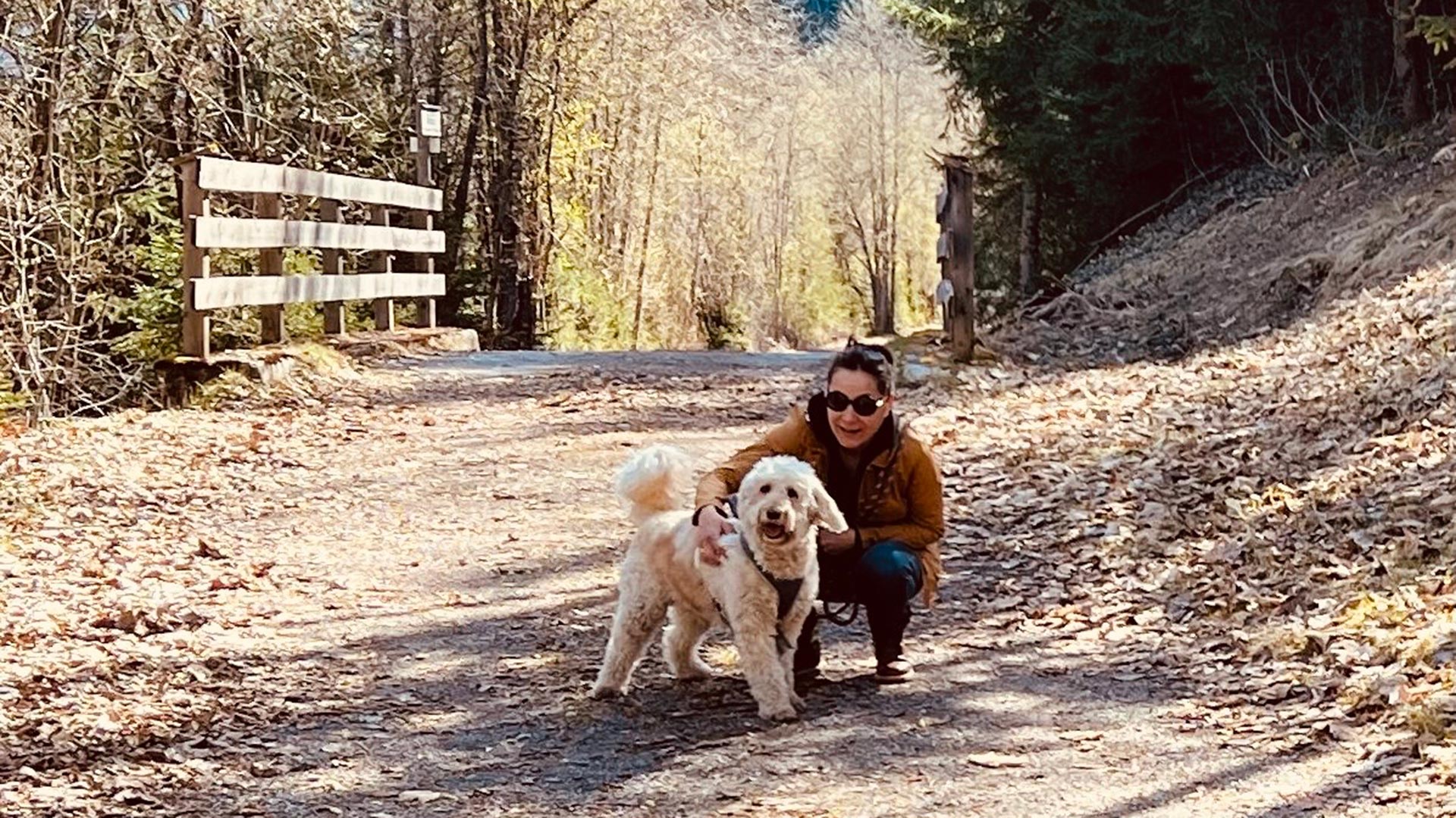 Frau mit weißem Hund auf einem Waldweg nahe St. Anton.